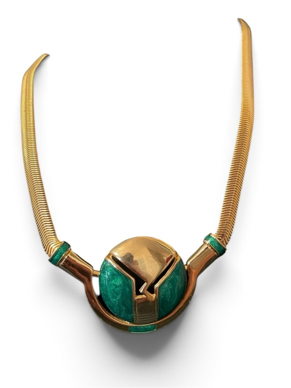 1980’s Orena Paris 18K Gold-Plated Green Enamel Art Deco-Style Choker Necklace